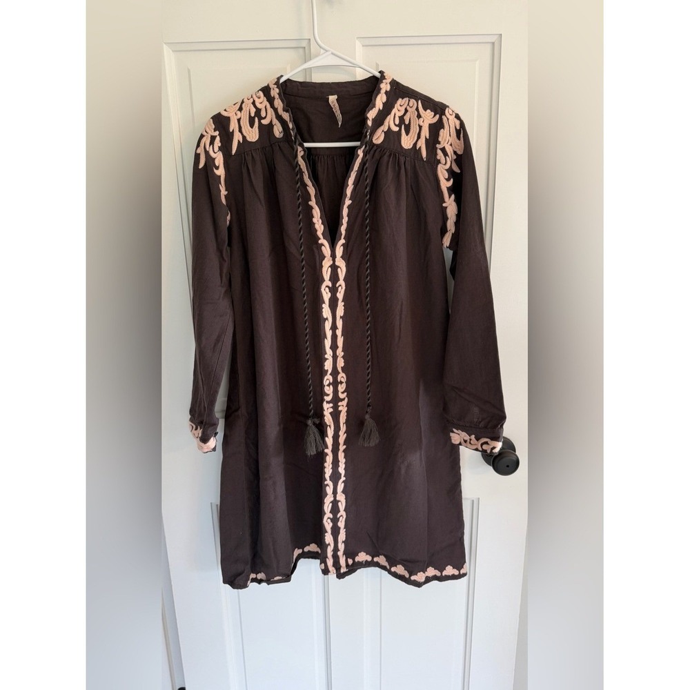 Raga Brown Embroidered Cotton Boho Tunic Mini Dress Medium